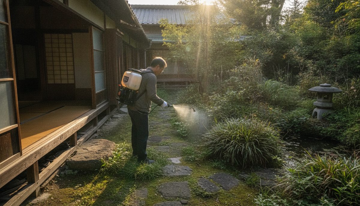 背負い式の充電式電動噴霧器を背負い、庭の雑草に向けて噴霧しているところ。朝の斜光｜除草剤で最強はどれ？成分で選ぶ基準と、液体＋粒剤の二段構え【古民家3年目】