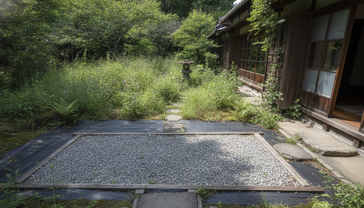 防草シートを敷いて砂利を載せた区画と、その奥の草が生えている区画の境目。対比がわかる引きの構図｜除草剤で最強はどれ？成分で選ぶ基準と、液体＋粒剤の二段構え【古民家3年目】