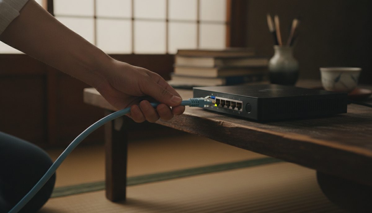 10GBASE-T対応ルーターのLANポートにカテゴリ6aのLANケーブルを差し込んでいる手元のクローズアップ｜GMOとくとくBB光の10ギガは必要？向き不向きを「提供エリア」と「必要な機器」