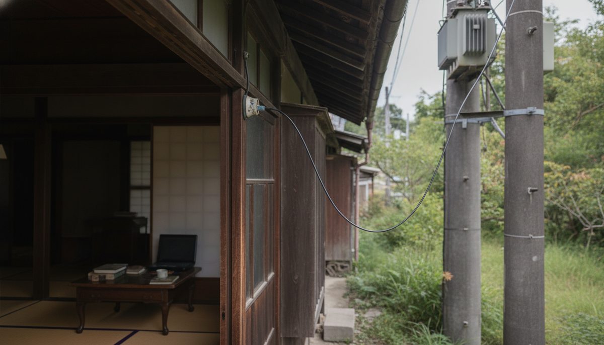 古民家の軒先で電柱から引き込まれた光ケーブルが外壁の引き込み口に入っていく様子｜GMOとくとくBB光の工事はどう進む？立ち会い・日程の決め方と古い家での注意点【