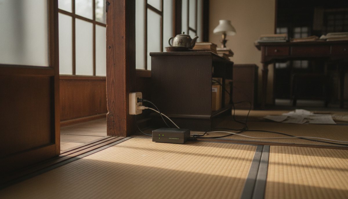 工事担当者が設置した光コンセントとONUが床の近くに並んでいる古民家の室内｜GMOとくとくBB光の工事はどう進む？立ち会い・日程の決め方と古い家での注意点【