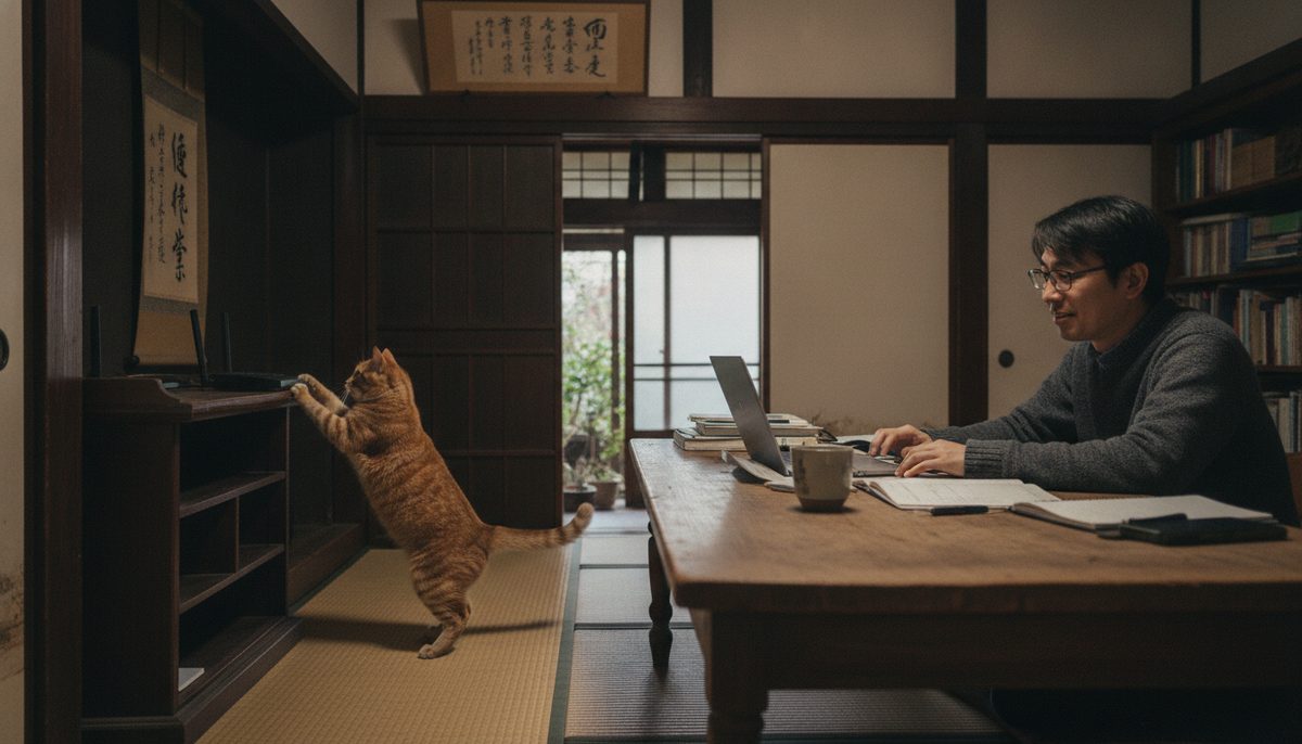 Wi-Fiルーターの上に座ろうとしている猫と、それを見ている在宅ワーカーのデスク周り｜GMOとくとくBB光の工事はどう進む？立ち会い・日程の決め方と古い家での注意点【