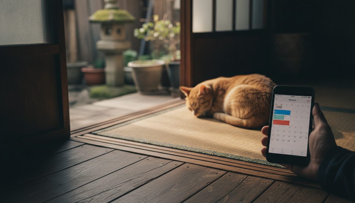 スマートフォンのカレンダーアプリに「転用承諾番号の期限」の予定を入れている画面と、横で丸くなっている猫|GMOとくとくBB光へ転用する手順|フレッツ光からの切り替えで損しない順番と期限